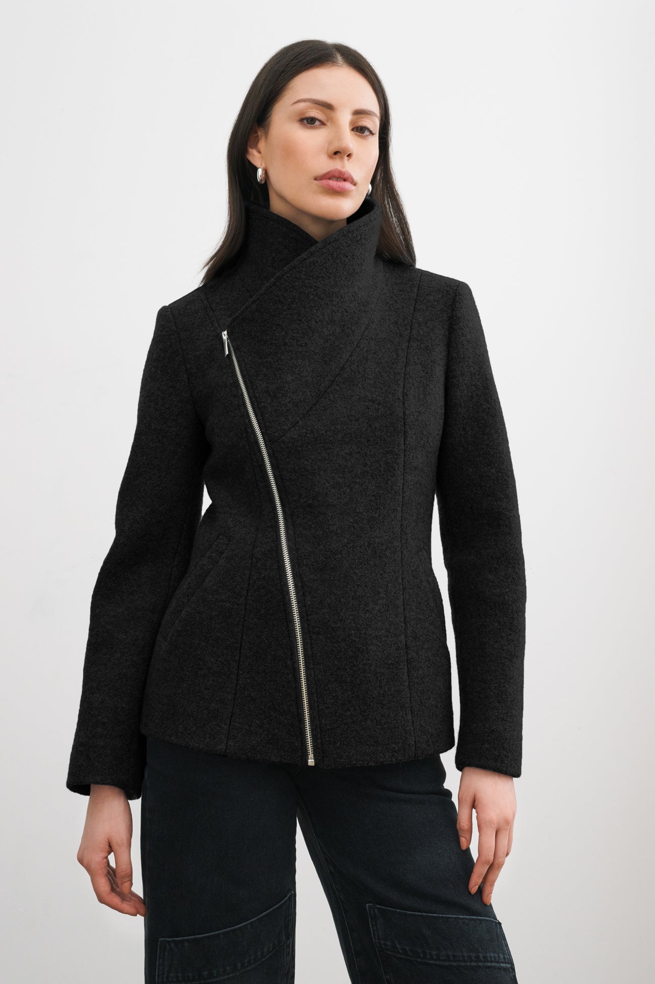 Asymmetrical zip boiled wool blend coat best sale