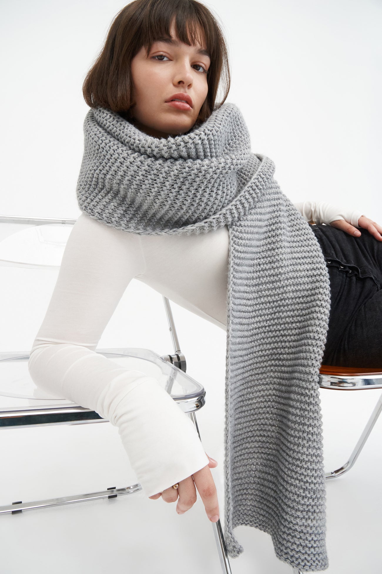 Grey Extra Long Wide Merino Wool Scarf - Bronx Scarf 