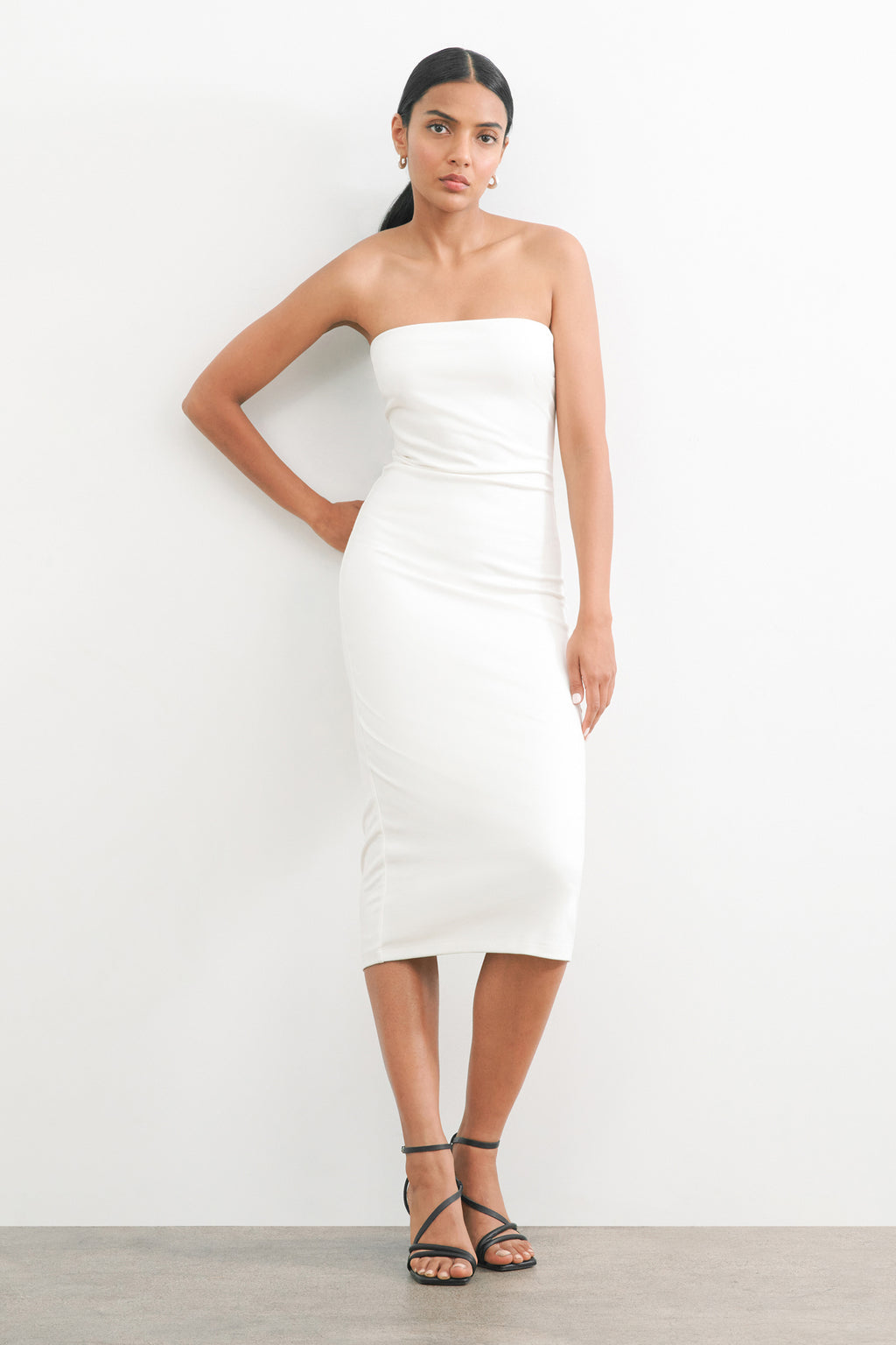 Loving the Feeling White Strapless Bodycon Midi Dress