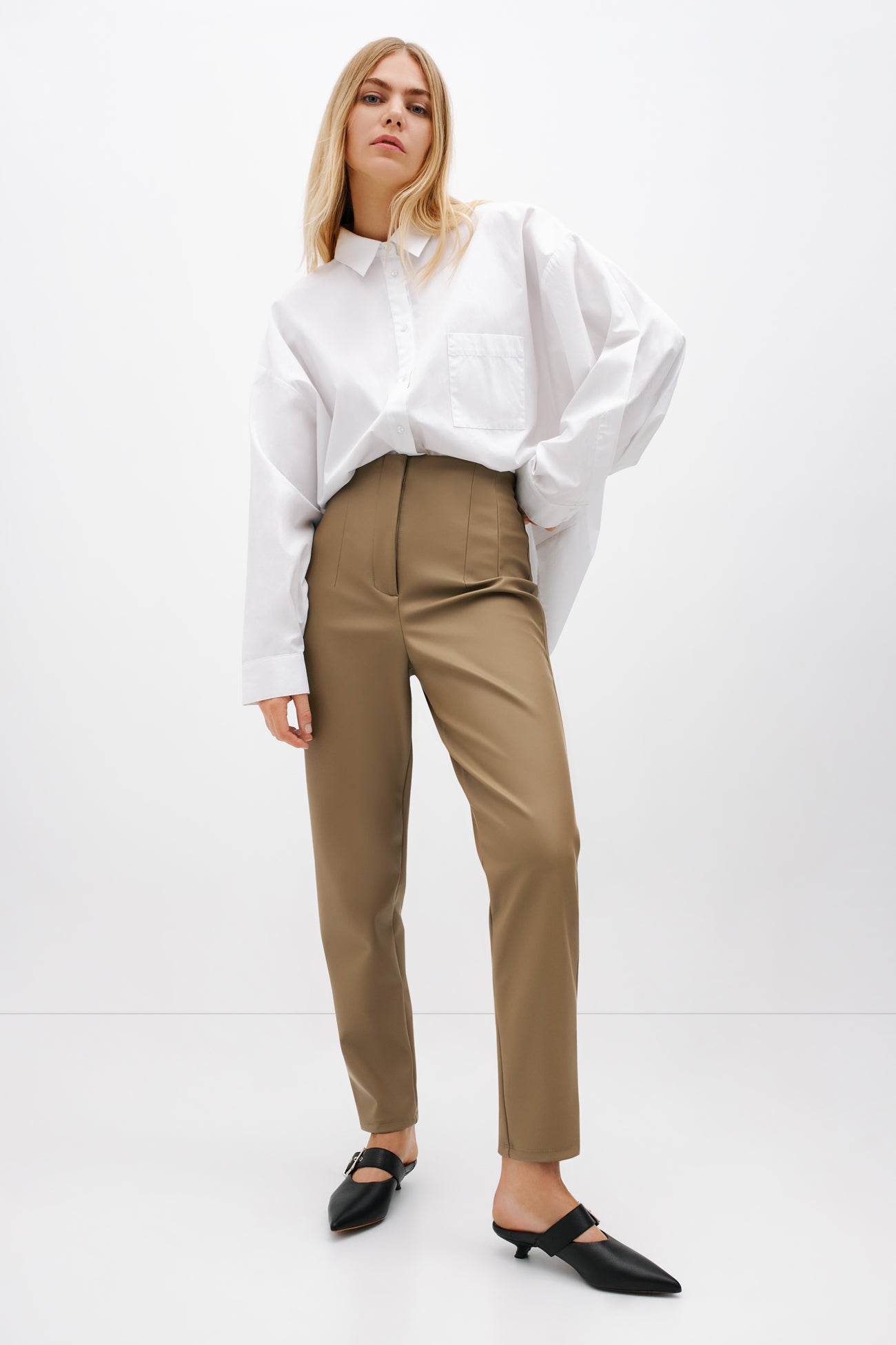 Tan Tapered Faux Leather High Rise Trousers - Remi Pants | Marcella