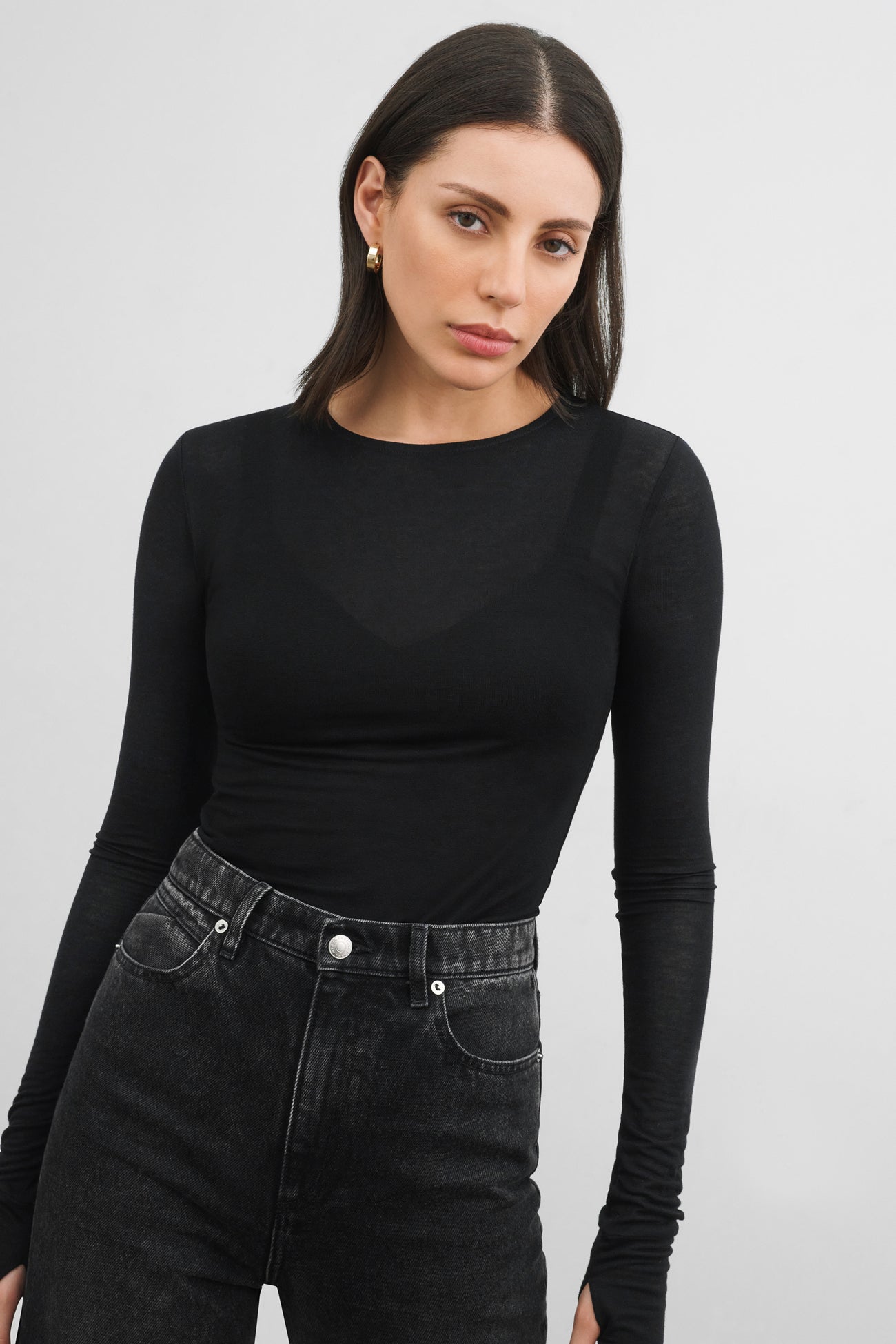 Sheer Black Long Sleeve Fitted Top - Sheer Avalon Top | Marcella