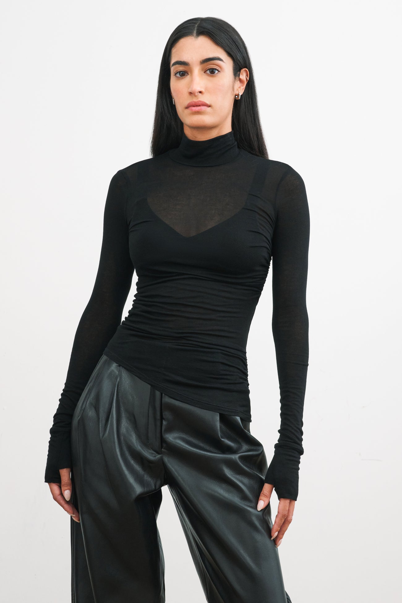 Sheer Black Fitted Long Sleeve Top - Skye Mock Neck Top | Marcella