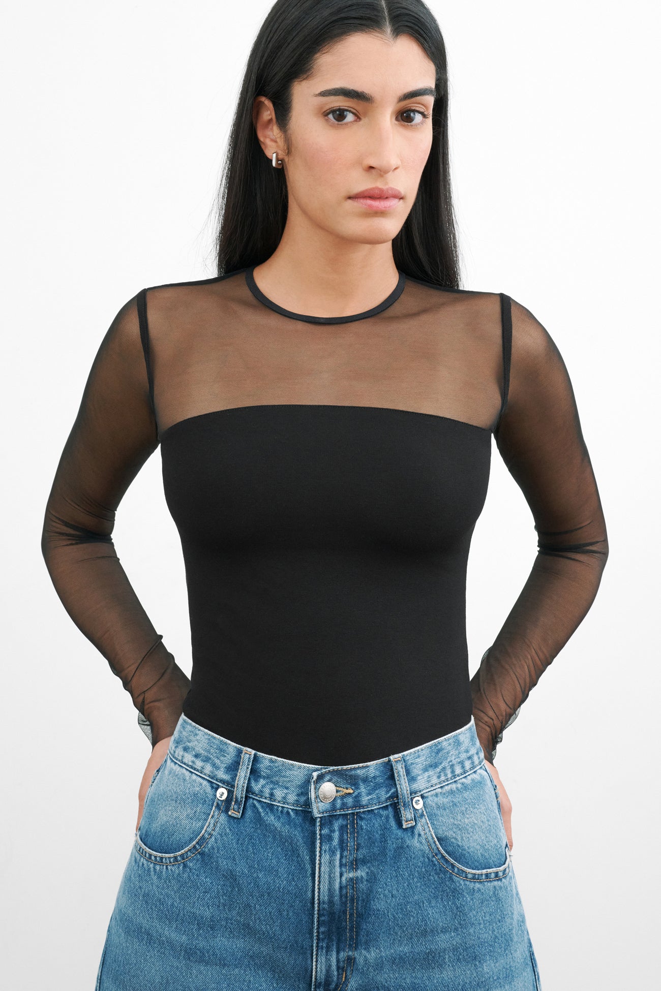 Sheer Black Long Sleeve Blouse - Astra Mesh Top | Marcella