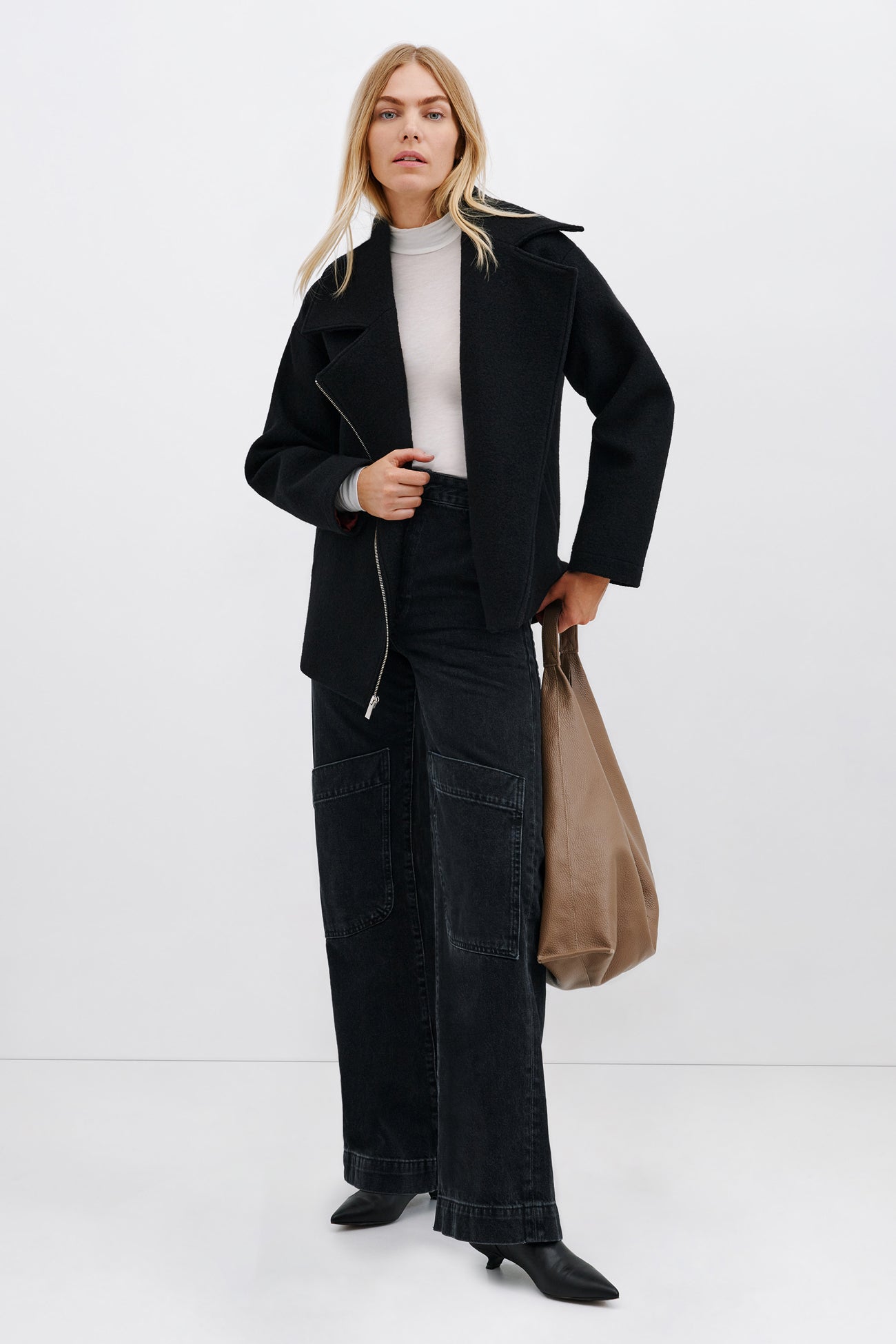 Black Wool Zip Up Coat - Harvey Jacket | Marcella