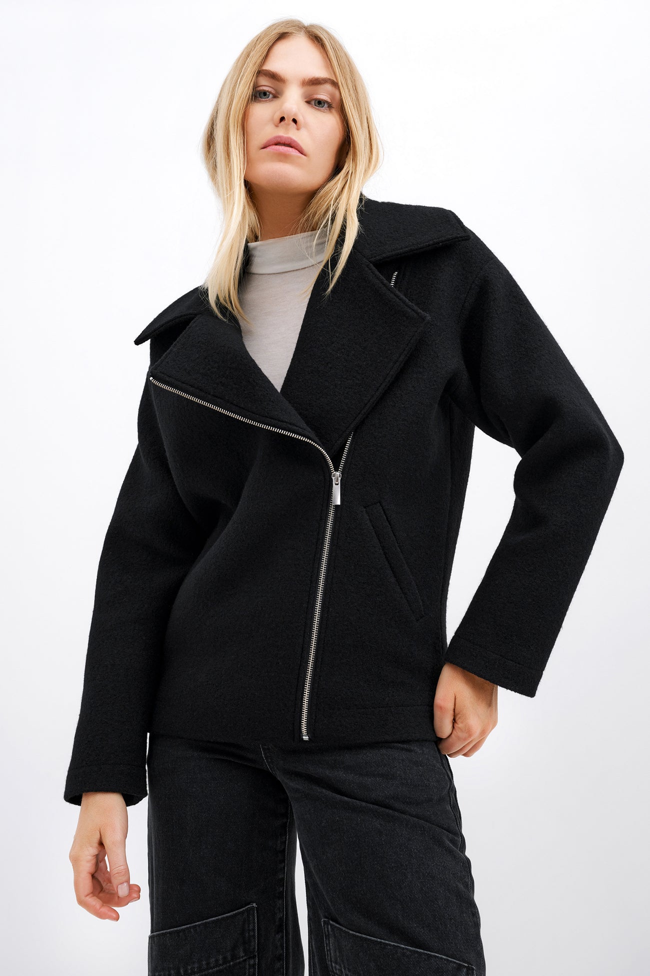 Black Wool Zip Up Coat - Harvey Jacket | Marcella