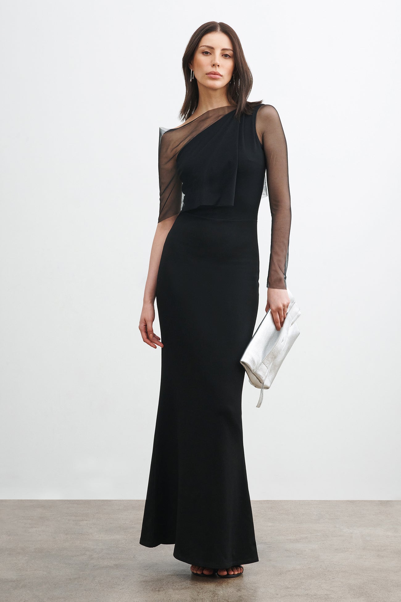 Black Mesh Sleeve Evening Gown - Valeria Dress | Marcella