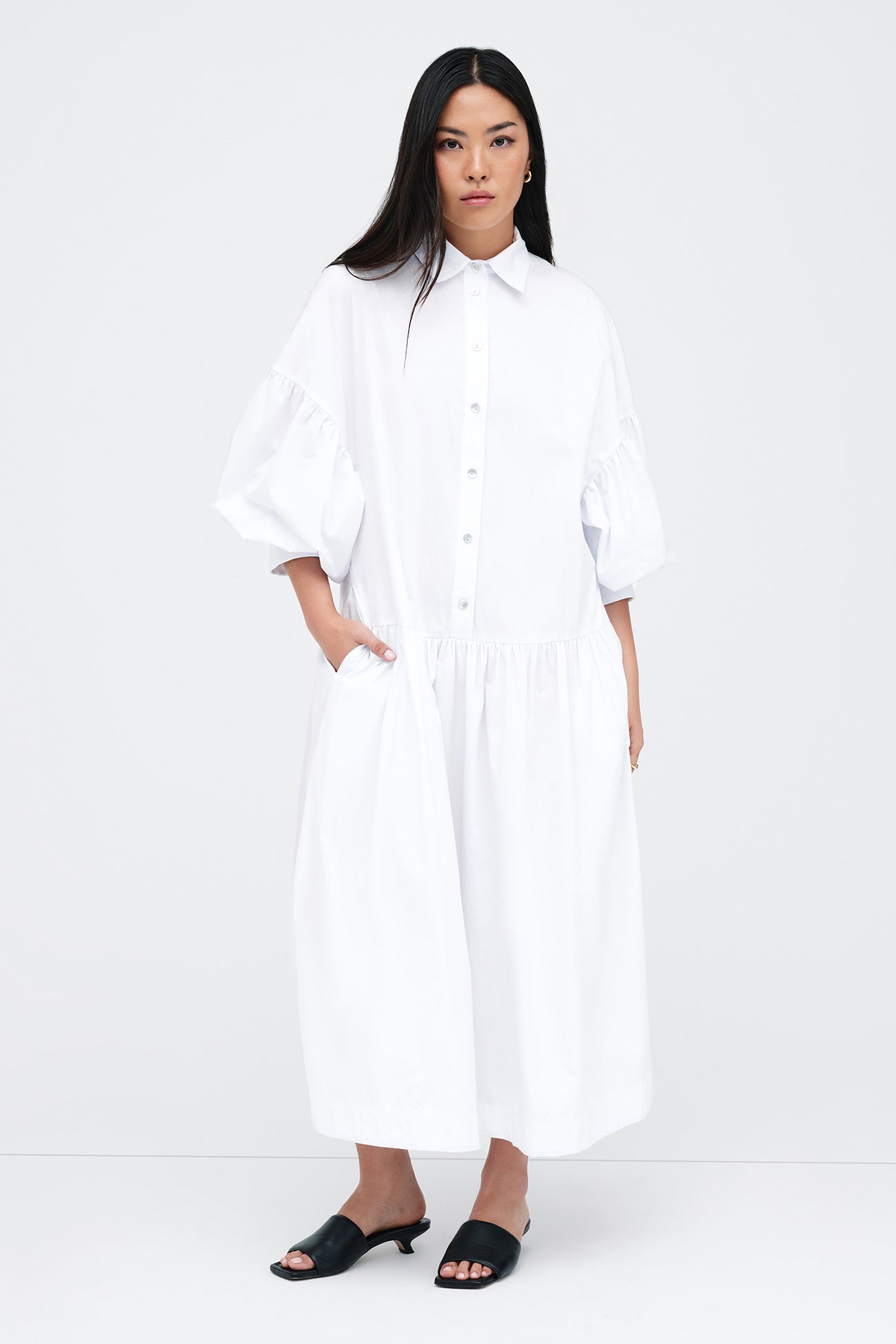 White Button-Up Cotton Puff Sleeve Sundress - Ada Dress | Marcella