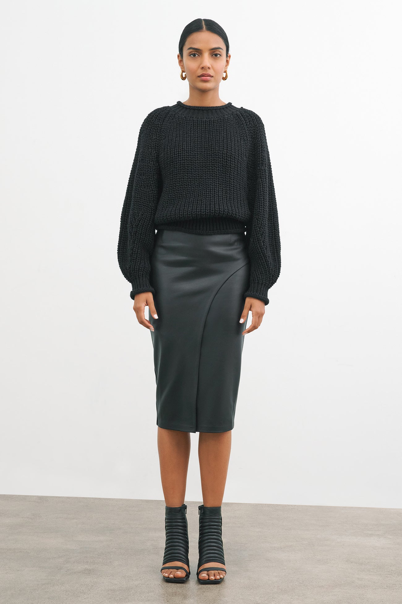 Black Faux Leather Midi Pencil Skirt - Nyssa Skirt | Marcella