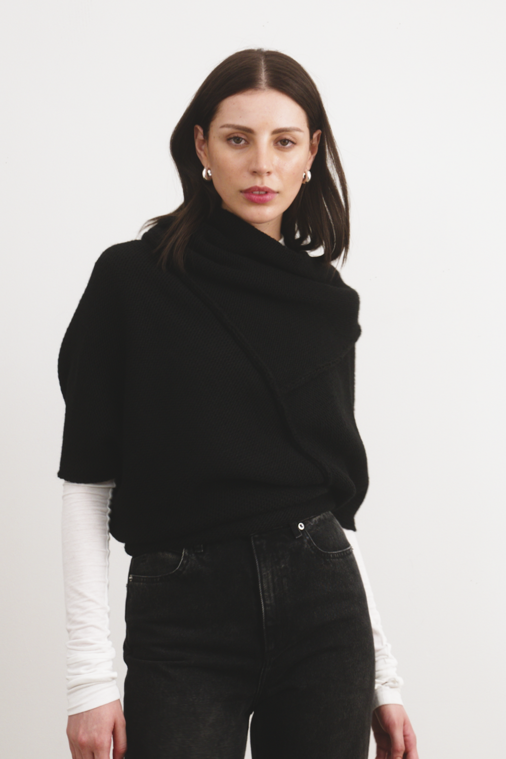 Black Short Sleeve Asymmetric Pullover - Palmer Knit Top | Marcella