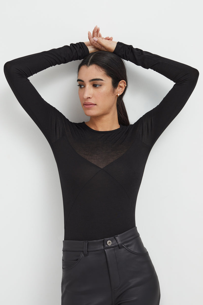 Black Long Sleeves V-Neck Bodysuit W/ Sheer Skirt