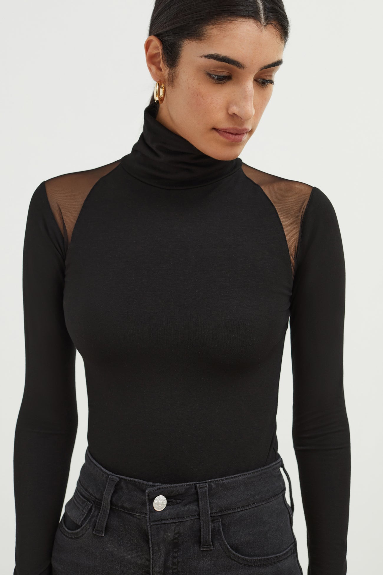 Black Turtleneck Mesh Shoulder Panel - Maria Top | Marcella