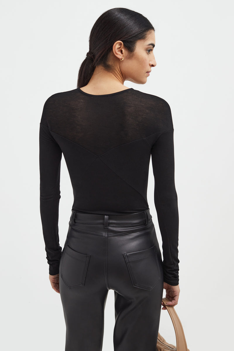 Effortlessly Modern Black Long Sleeve Surplice Bodysuit